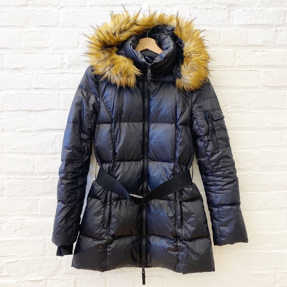 S13‎ || Chalet Puffer Coat Belted Faux Fur Hood Black Small